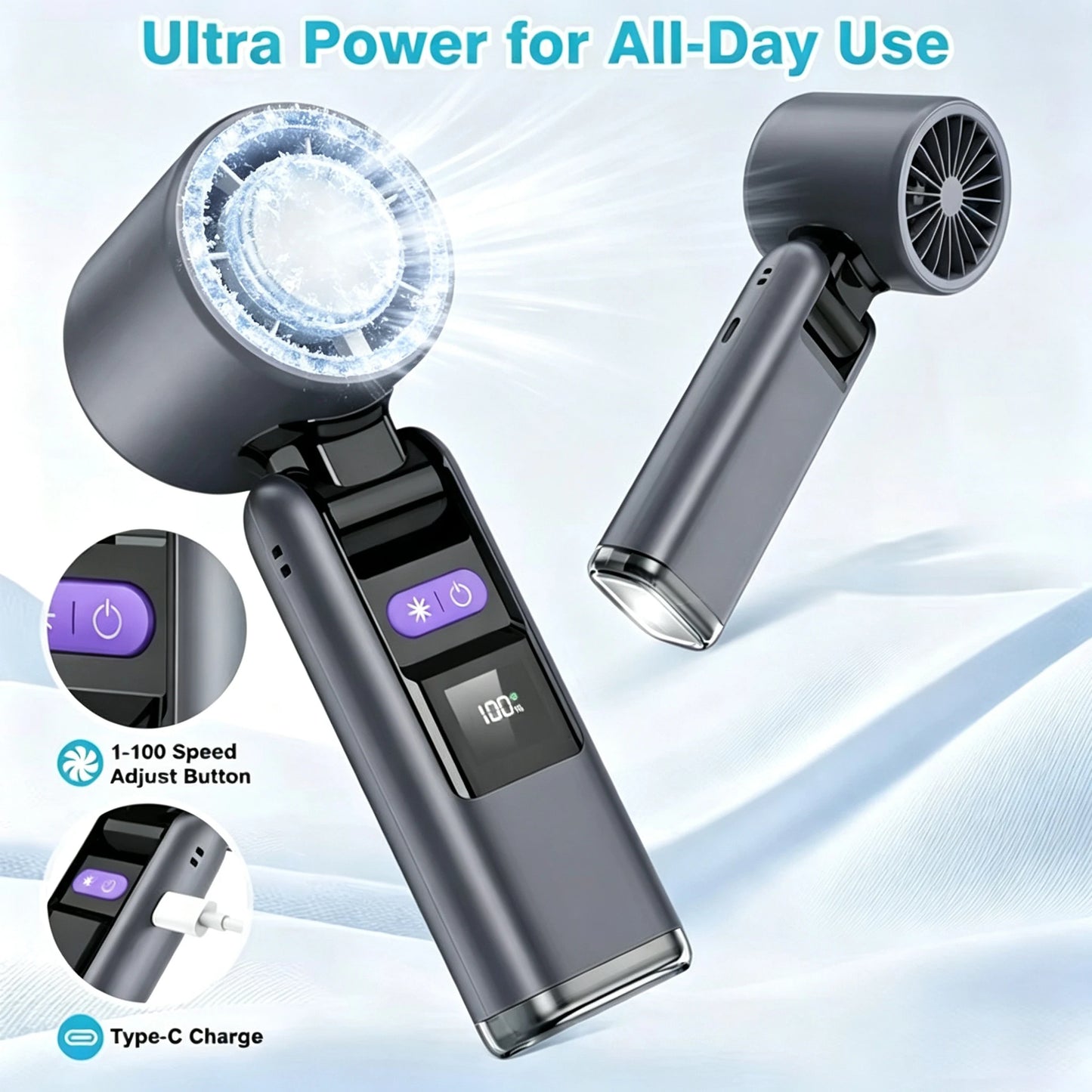 FreshAir – Mini Ventilateur Portable Rechargeable | Effet Glacé, Éclairage LED & 199 Vitesses