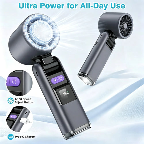 FreshAir – Mini Ventilateur Portable Rechargeable | Effet Glacé, Éclairage LED & 199 Vitesses
