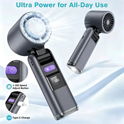 FreshAir – Mini Ventilateur Portable Rechargeable | Effet Glacé, Éclairage LED & 100 Vitesses
